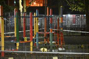 NYPD Crime Scene At Scene Of One Man Fatally Shot And Two Other Men Injured Following A Shooting In The Bedford-Stuyvesant Secti