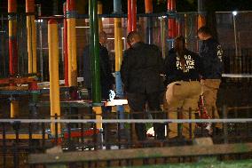 NYPD Crime Scene At Scene Of One Man Fatally Shot And Two Other Men Injured Following A Shooting In The Bedford-Stuyvesant Secti