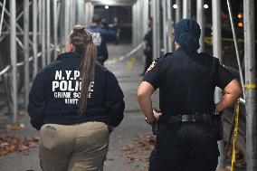 NYPD Crime Scene At Scene Of One Man Fatally Shot And Two Other Men Injured Following A Shooting In The Bedford-Stuyvesant Secti