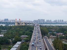 Vehicles Travel on The Nanjing Yangtze River Bridge