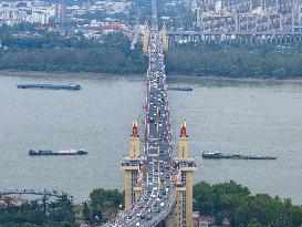 Vehicles Travel on The Nanjing Yangtze River Bridge