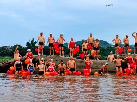 Swimmers Swim in The Yangtze River in Luzhou