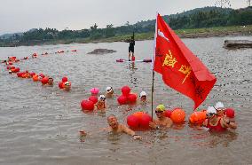 Swimmers Swim in The Yangtze River in Luzhou