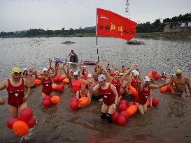 Swimmers Swim in The Yangtze River in Luzhou