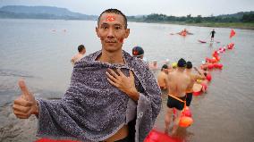 Swimmers Swim in The Yangtze River in Luzhou