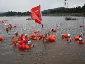 Swimmers Swim in The Yangtze River in Luzhou