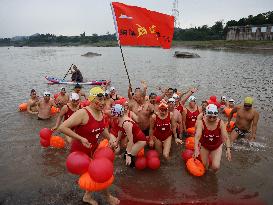 Swimmers Swim in The Yangtze River in Luzhou