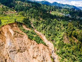 The Aerial View Shows The Flood-affected Tikabhairab Region Of Southern Lalitpur, Nepal