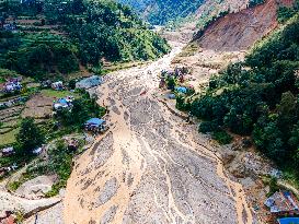 The Aerial View Shows The Flood-affected Tikabhairab Region Of Southern Lalitpur, Nepal