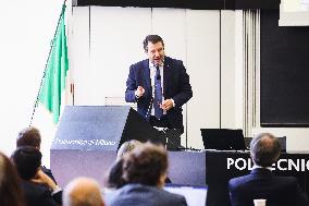 Matteo Salvini Attends Le Concessioni Di Infrastrutture E Di Servizi Di Trasporto  Conference In Milan