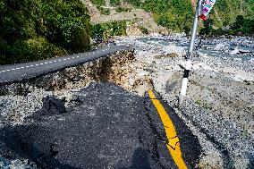 Kulekhani River Flood Damages Dakshinkali-Sisneri Road In Makwanpur, Nepal.