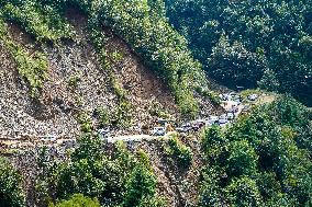 Kulekhani River Flood Damages Dakshinkali-Sisneri Road In Makwanpur, Nepal.