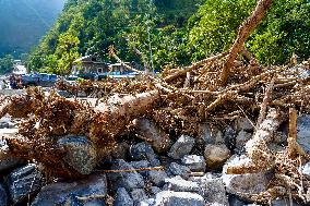 Kulekhani River Flood Damages Dakshinkali-Sisneri Road In Makwanpur, Nepal.