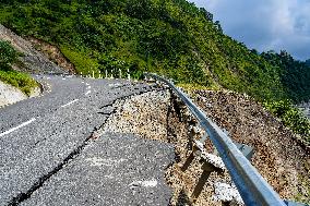 Kulekhani River Flood Damages Dakshinkali-Sisneri Road In Makwanpur, Nepal.