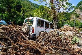 Kulekhani River Flood Damages Dakshinkali-Sisneri Road In Makwanpur, Nepal.