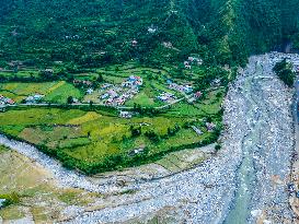 The Aerial View Shows The Flood-affected Sisneri Region Of Makwanpur, Nepal.