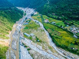 The Aerial View Shows The Flood-affected Sisneri Region Of Makwanpur, Nepal.