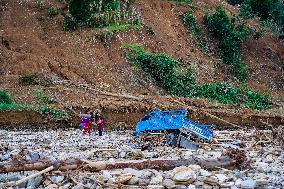 Salamdo River Flooding Damaged Homes In Patikharka Of Kavrepalanchok District, Nepal.