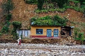 Salamdo River Flooding Damaged Homes In Patikharka Of Kavrepalanchok District, Nepal.