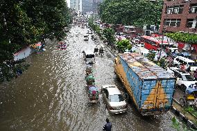 Waterlogged Streets Caused Heavy Rainfall In Dhaka, Bangladesh