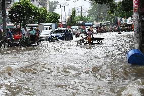 Waterlogged Streets Caused Heavy Rainfall In Dhaka, Bangladesh