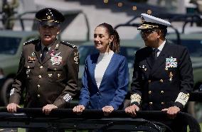 Claudia Sheinbaum, President Of Mexico, Leads Salute Ceremony For Armed Forces And National Guard