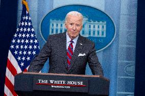 US President Joe Biden delivers remarks and responds to questions from the news media during the White House daily briefing