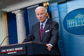 US President Joe Biden delivers remarks and responds to questions from the news media during the White House daily briefing