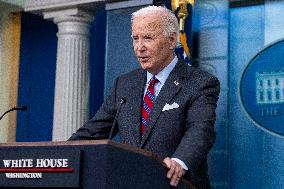 US President Joe Biden delivers remarks and responds to questions from the news media during the White House daily briefing