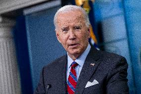 US President Joe Biden delivers remarks and responds to questions from the news media during the White House daily briefing