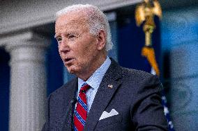 US President Joe Biden delivers remarks and responds to questions from the news media during the White House daily briefing