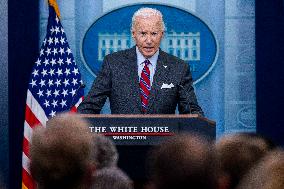 US President Joe Biden delivers remarks and responds to questions from the news media during the White House daily briefing