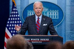 US President Joe Biden delivers remarks and responds to questions from the news media during the White House daily briefing