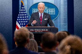 US President Joe Biden delivers remarks and responds to questions from the news media during the White House daily briefing