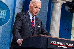 US President Joe Biden delivers remarks and responds to questions from the news media during the White House daily briefing