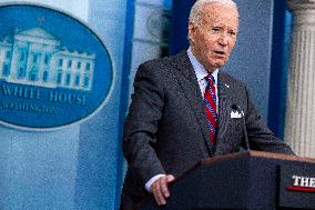 US President Joe Biden delivers remarks and responds to questions from the news media during the White House daily briefing