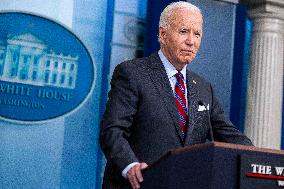 US President Joe Biden delivers remarks and responds to questions from the news media during the White House daily briefing