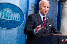 US President Joe Biden delivers remarks and responds to questions from the news media during the White House daily briefing