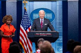 US President Joe Biden delivers remarks and responds to questions from the news media during the White House daily briefing