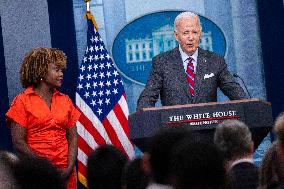 US President Joe Biden delivers remarks and responds to questions from the news media during the White House daily briefing