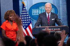 US President Joe Biden delivers remarks and responds to questions from the news media during the White House daily briefing