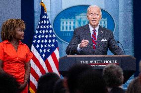 US President Joe Biden delivers remarks and responds to questions from the news media during the White House daily briefing