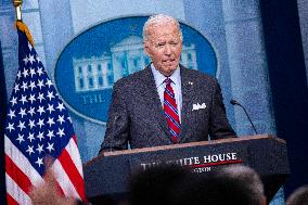 US President Joe Biden delivers remarks and responds to questions from the news media during the White House daily briefing