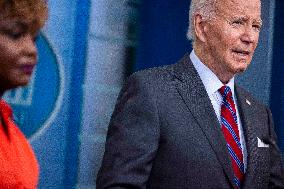 US President Joe Biden delivers remarks and responds to questions from the news media during the White House daily briefing