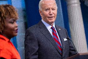 US President Joe Biden delivers remarks and responds to questions from the news media during the White House daily briefing