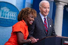 US President Joe Biden delivers remarks and responds to questions from the news media during the White House daily briefing