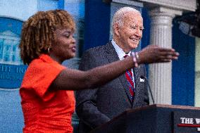 US President Joe Biden delivers remarks and responds to questions from the news media during the White House daily briefing