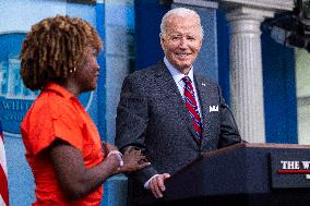 US President Joe Biden delivers remarks and responds to questions from the news media during the White House daily briefing