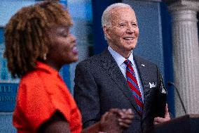 US President Joe Biden delivers remarks and responds to questions from the news media during the White House daily briefing