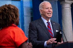 US President Joe Biden delivers remarks and responds to questions from the news media during the White House daily briefing